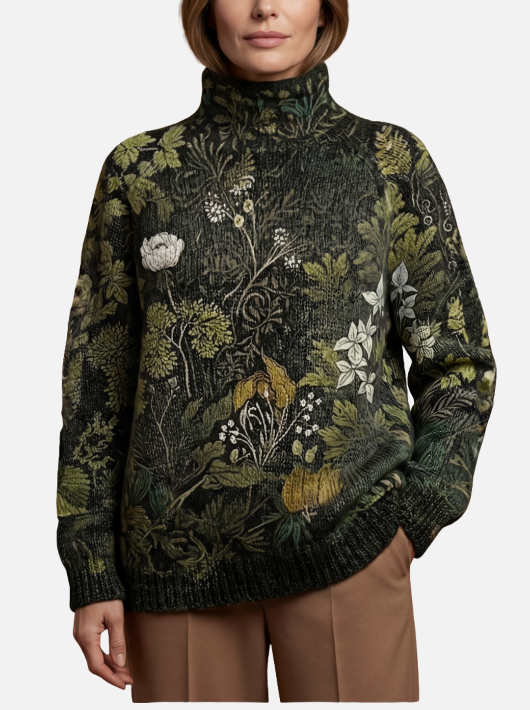 Victoria - Botanical Green Roll Neck Jumper