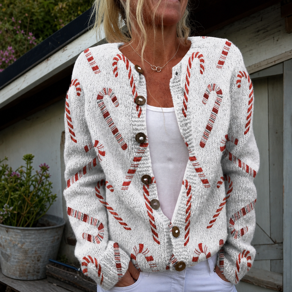 Maeve - Festive Candy Cane Print Cardigan - Product Photo