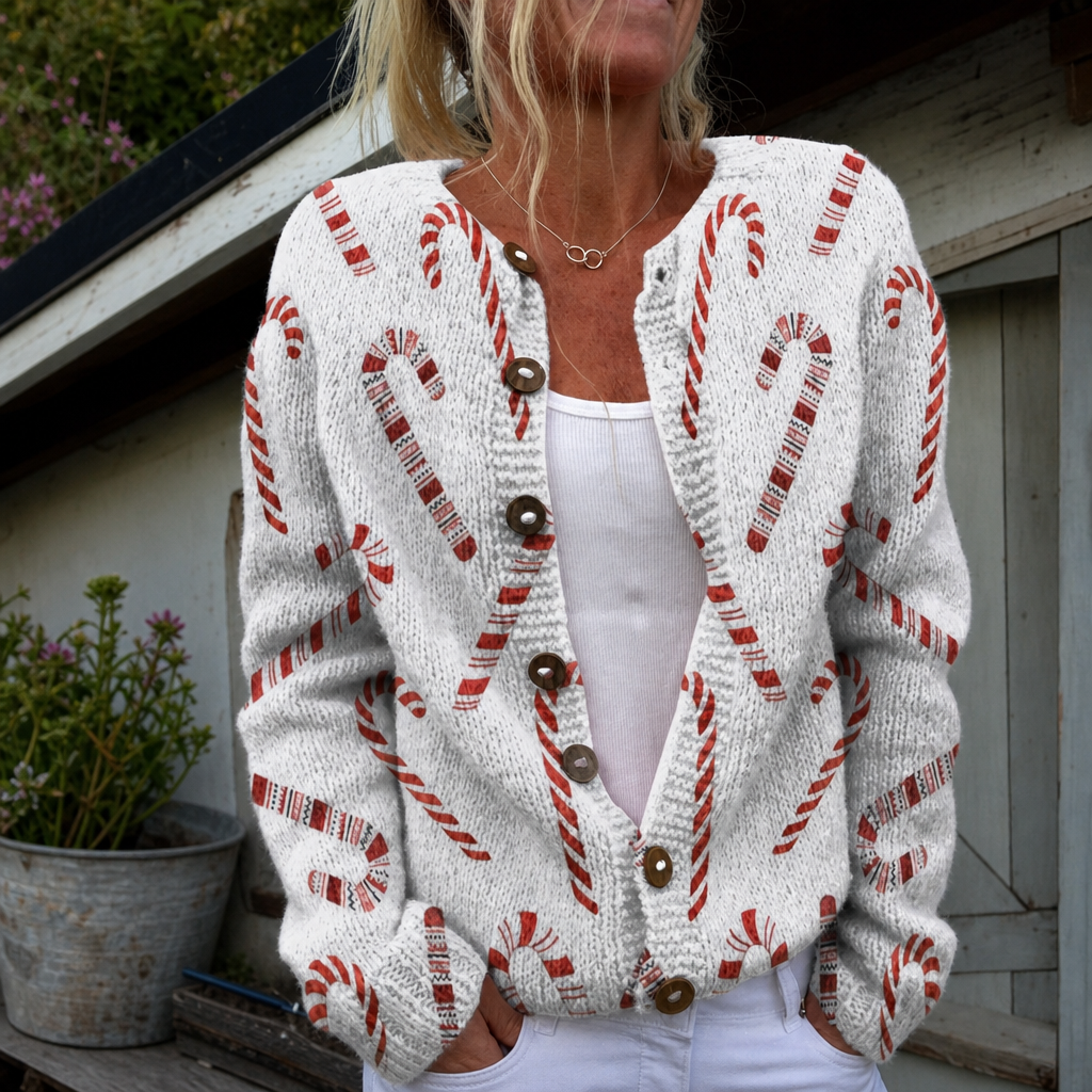 Maeve - Festive Candy Cane Print Cardigan - Product Photo