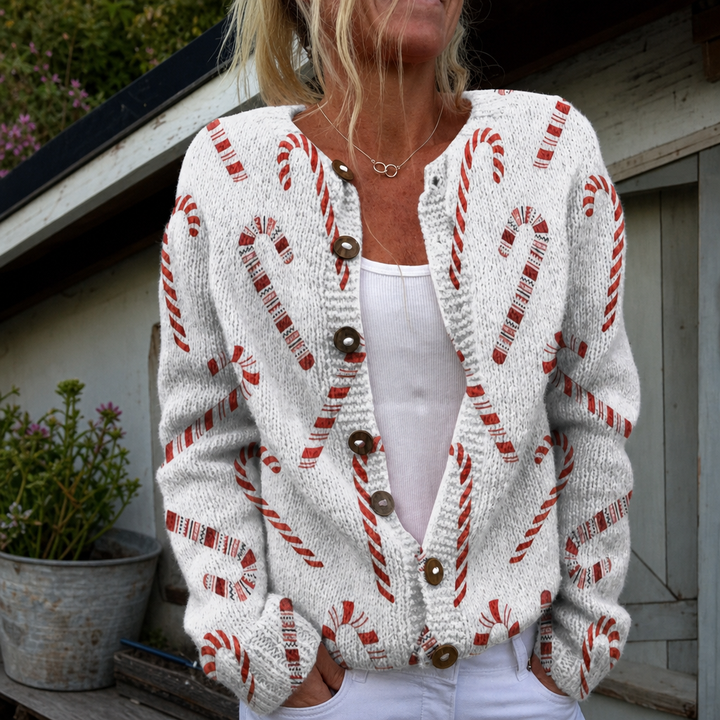 Maeve - Festive Candy Cane Print Cardigan - Product Photo