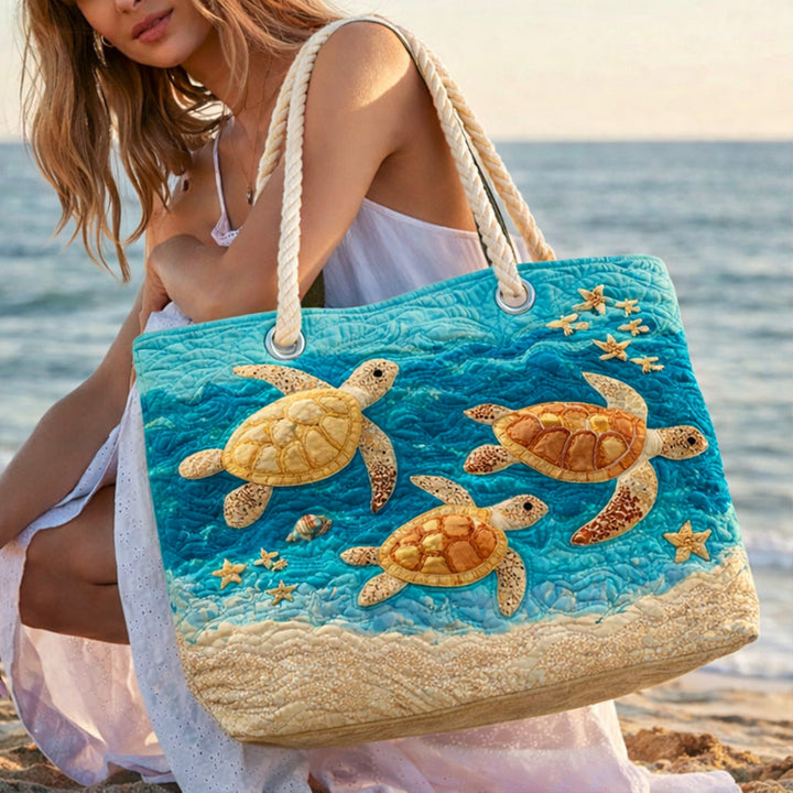 Handmade quilted beach bag - Golden Turtle Coast design