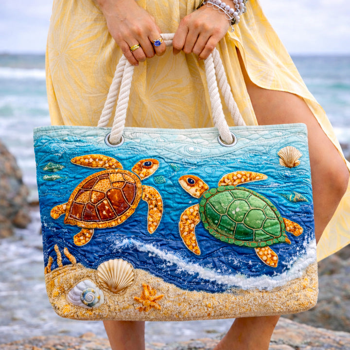 Handmade quilted beach bag - Tropical Turtle design