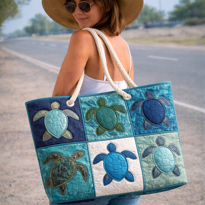 Handmade quilted beach bag - Blue Turtle design