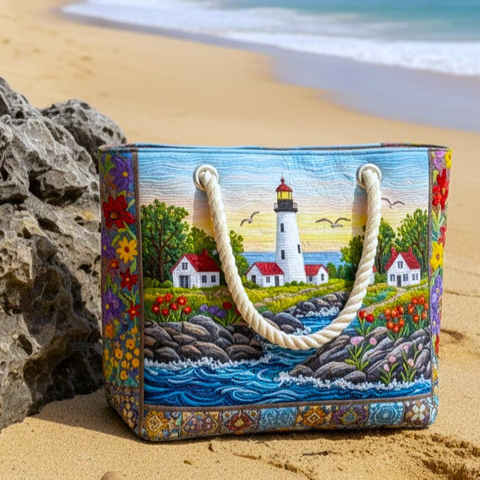 Handmade quilted beach bag - Lighthouse Glow design