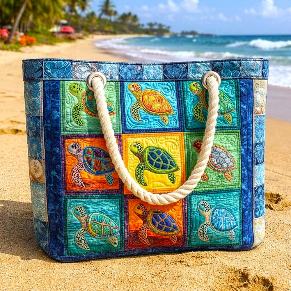 Handmade quilted beach bag - Calm Turtle design
