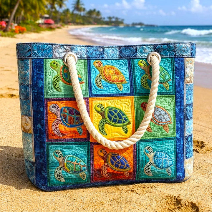 Handmade quilted beach bag - Calm Turtle design
