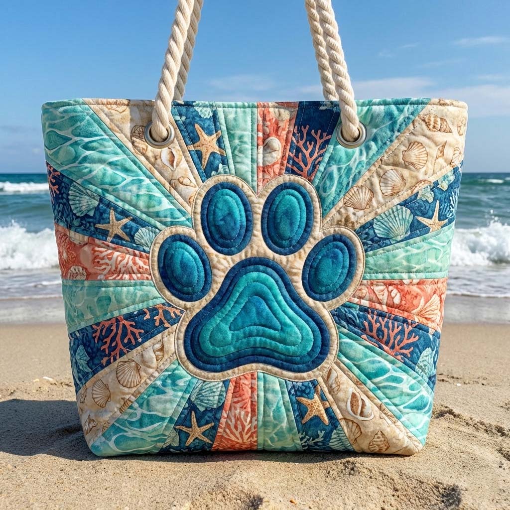 Handmade quilted beach bag - Paw Prints design