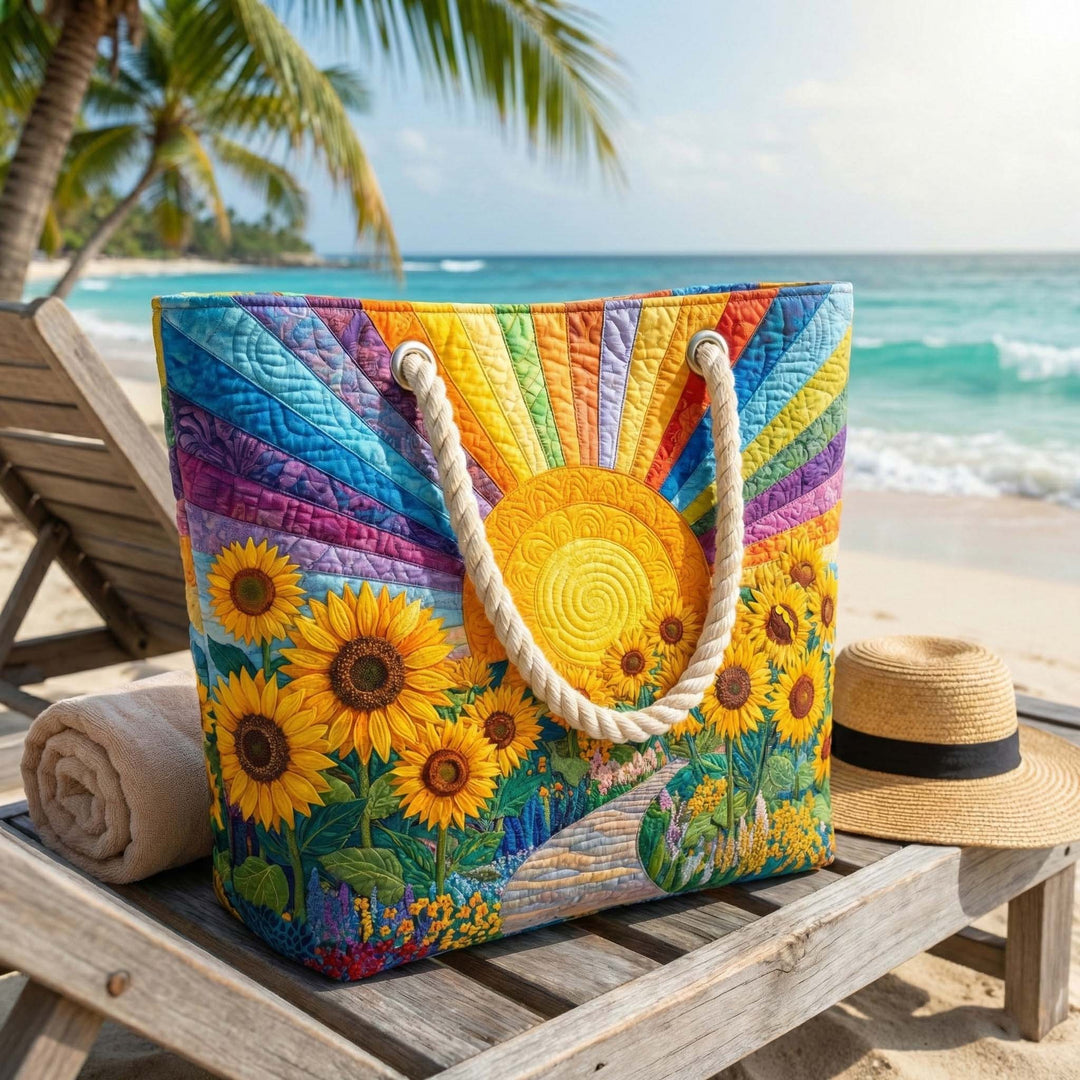 Handmade quilted beach bag - Rainbow Sun design