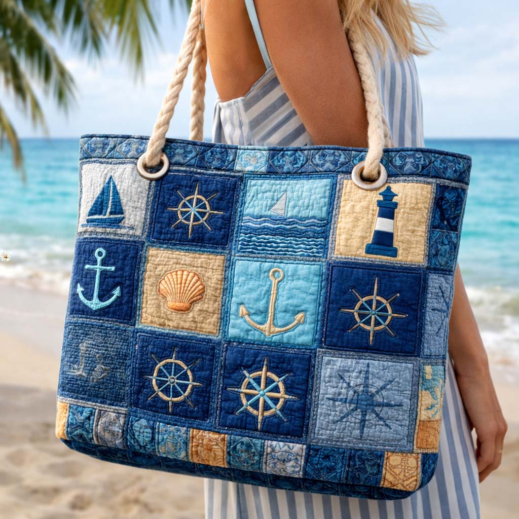 Handmade quilted beach bag - Nautical Blue design
