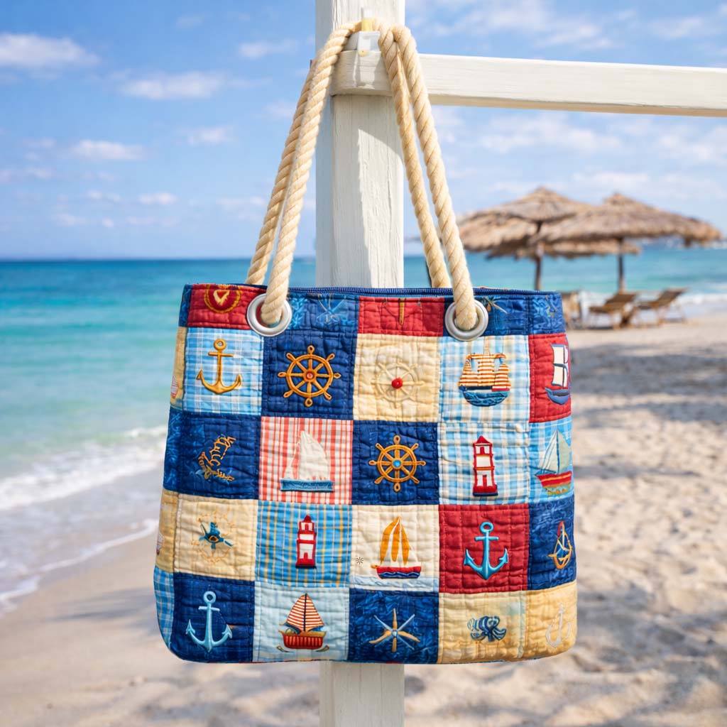 Handmade quilted beach bag - Marine Patchwork design