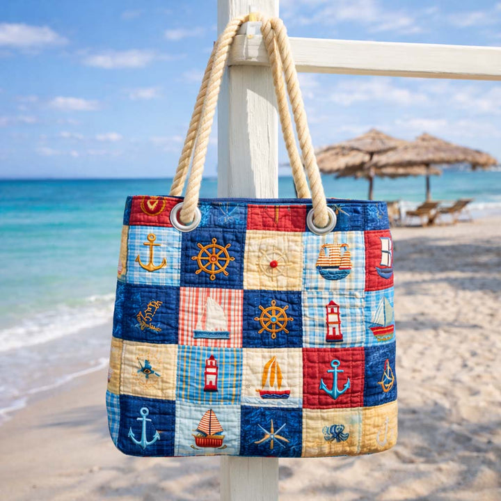 Handmade quilted beach bag - Marine Patchwork design