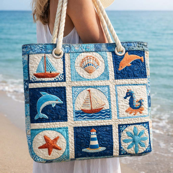 Handmade quilted beach bag - Sea Creatures design