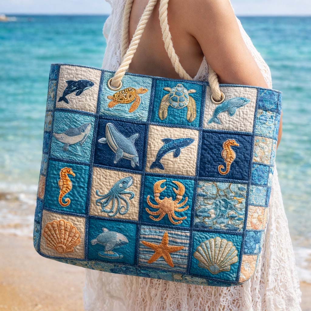 Handmade quilted beach bag - Marine Life design