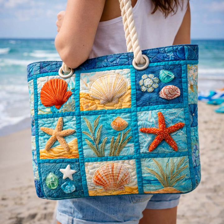 Handmade quilted beach bag - Coastal Shells design