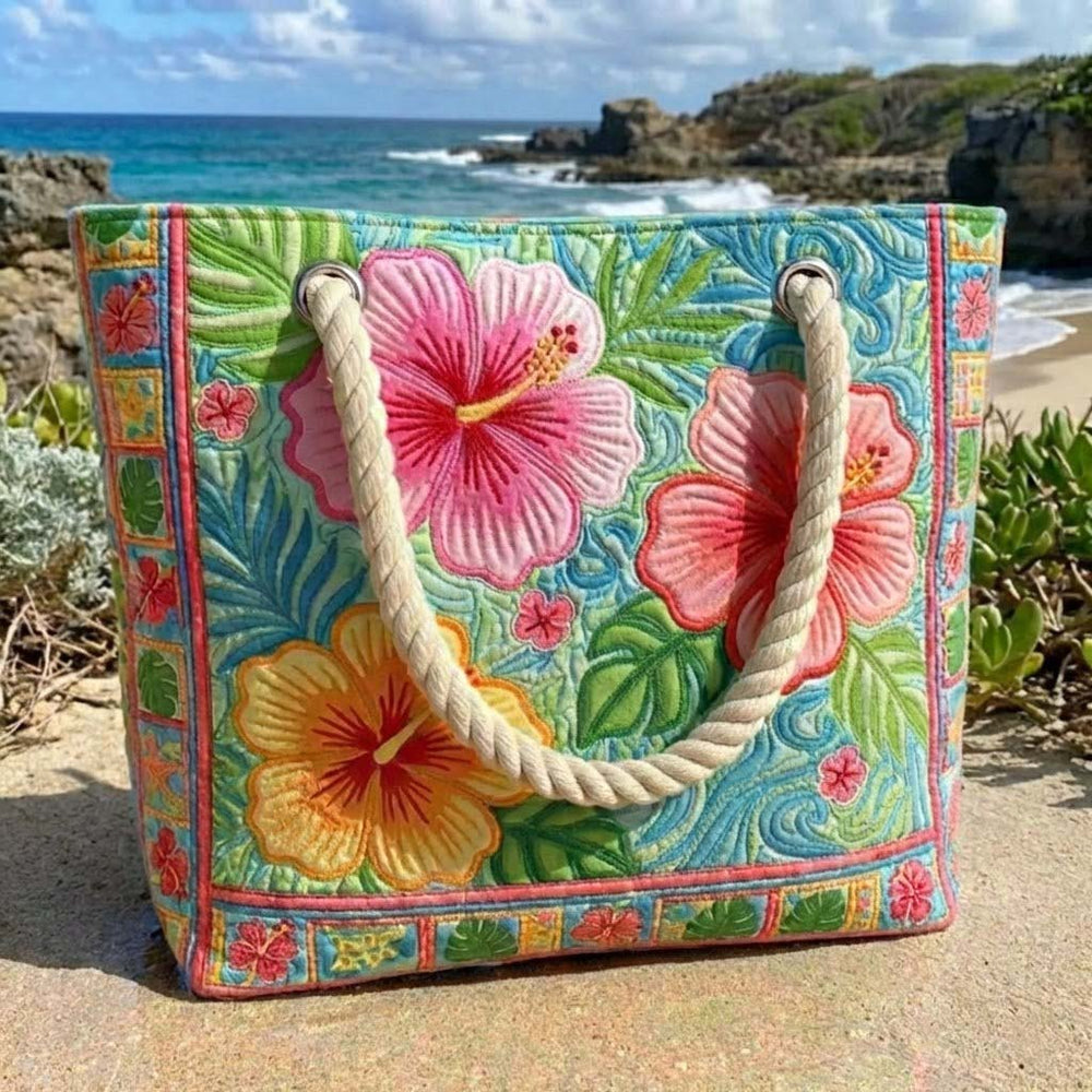 Handmade quilted beach bag - Tropical Flower design