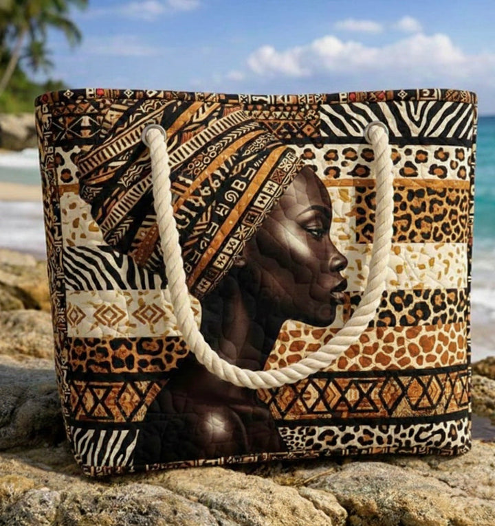 Handmade quilted beach bag - Melanin Queen design