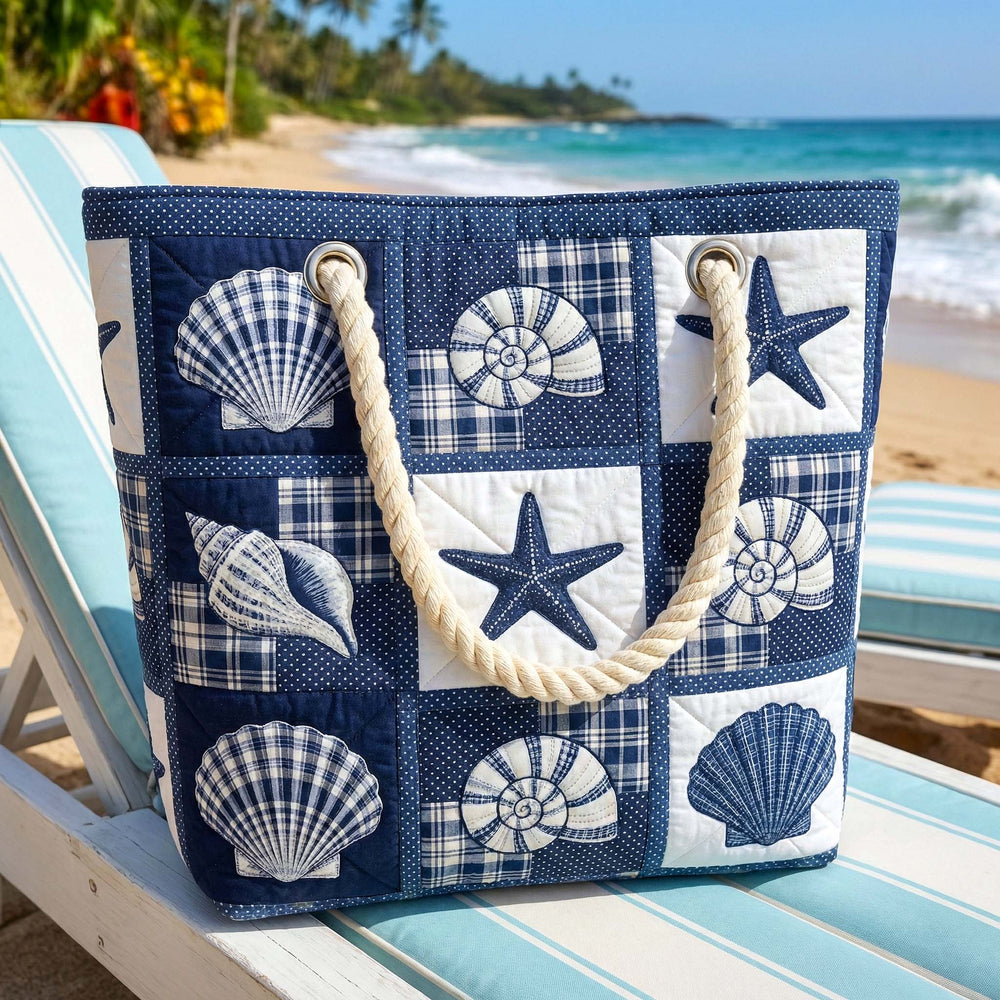 Handmade quilted beach bag - Shell Serenity design