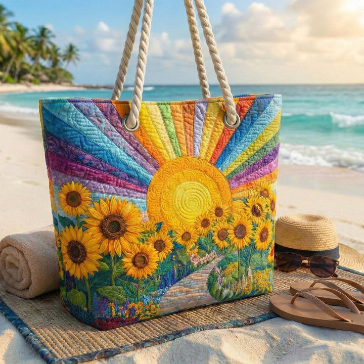 Handmade quilted beach bag - Rainbow Sun design