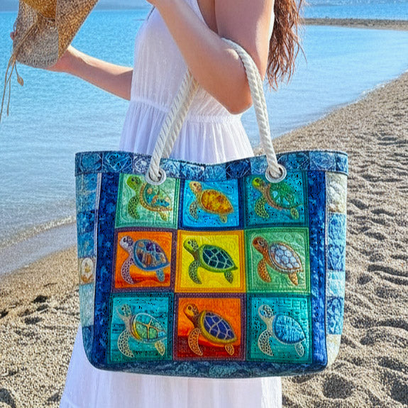 Handmade quilted beach bag - Calm Turtle design