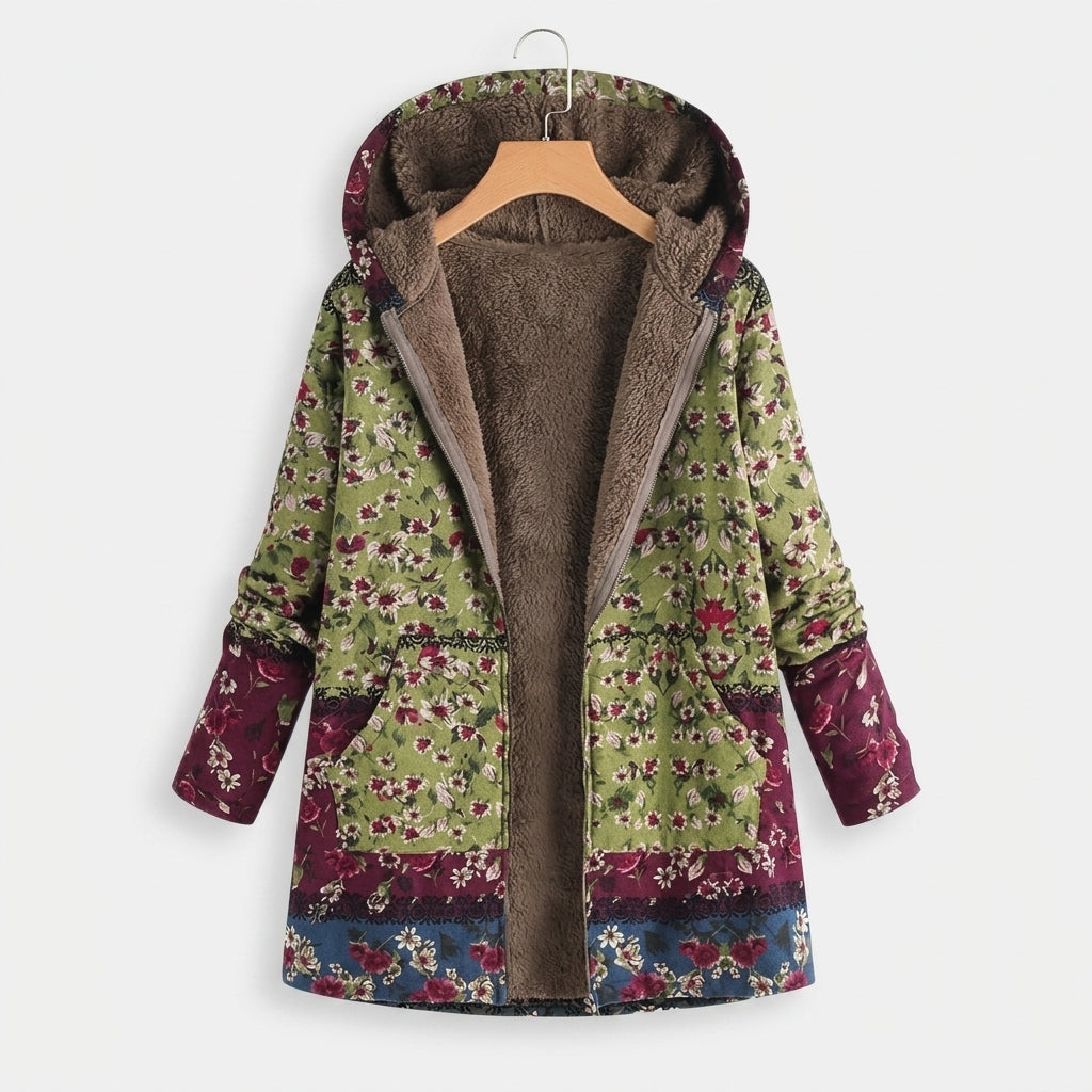 Elodie - Green Floral Hooded Coat