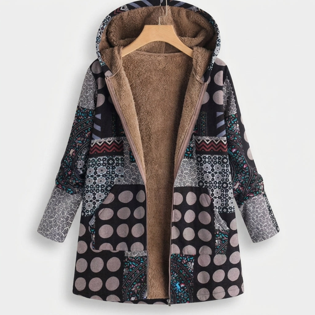 Amandine - Black Patchwork Hooded Coat