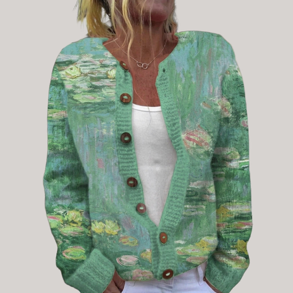 Margaret - Green Water Lily Print Cardigan