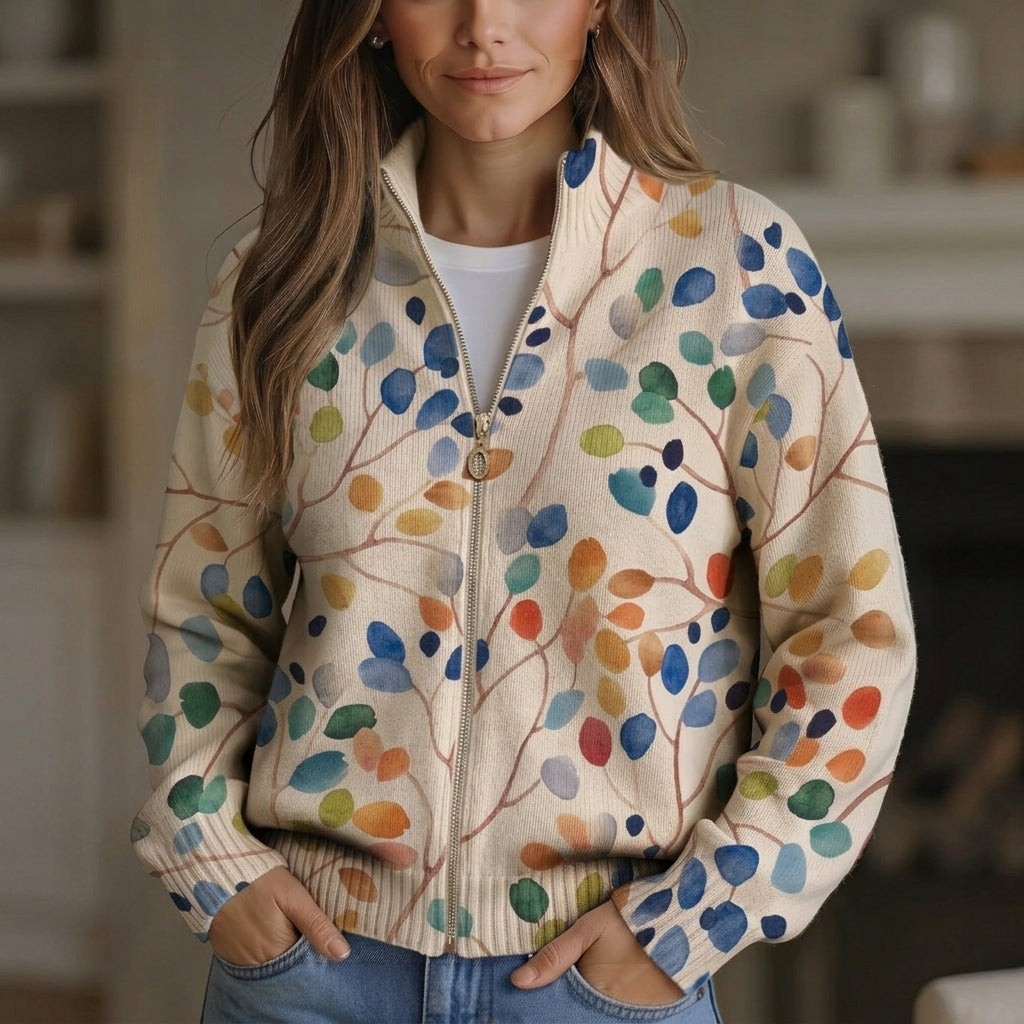 Fiona - Botanical Leaf Print Zip Cardigan - Product Photo