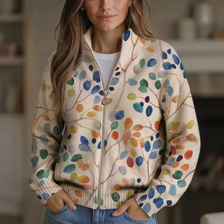 Fiona - Botanical Leaf Print Zip Cardigan - Product Photo