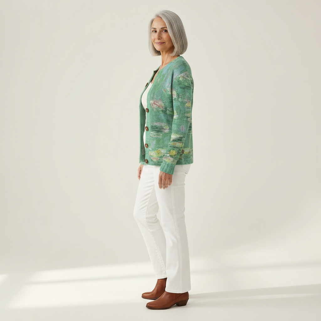Margaret - Green Water Lily Print Cardigan - View 2