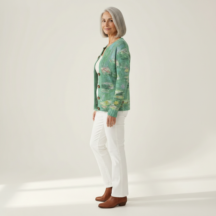 Margaret - Green Water Lily Print Cardigan - View 2
