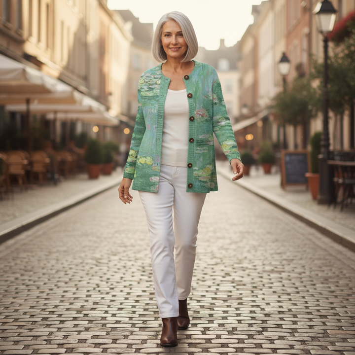 Margaret - Green Water Lily Print Cardigan - View 4