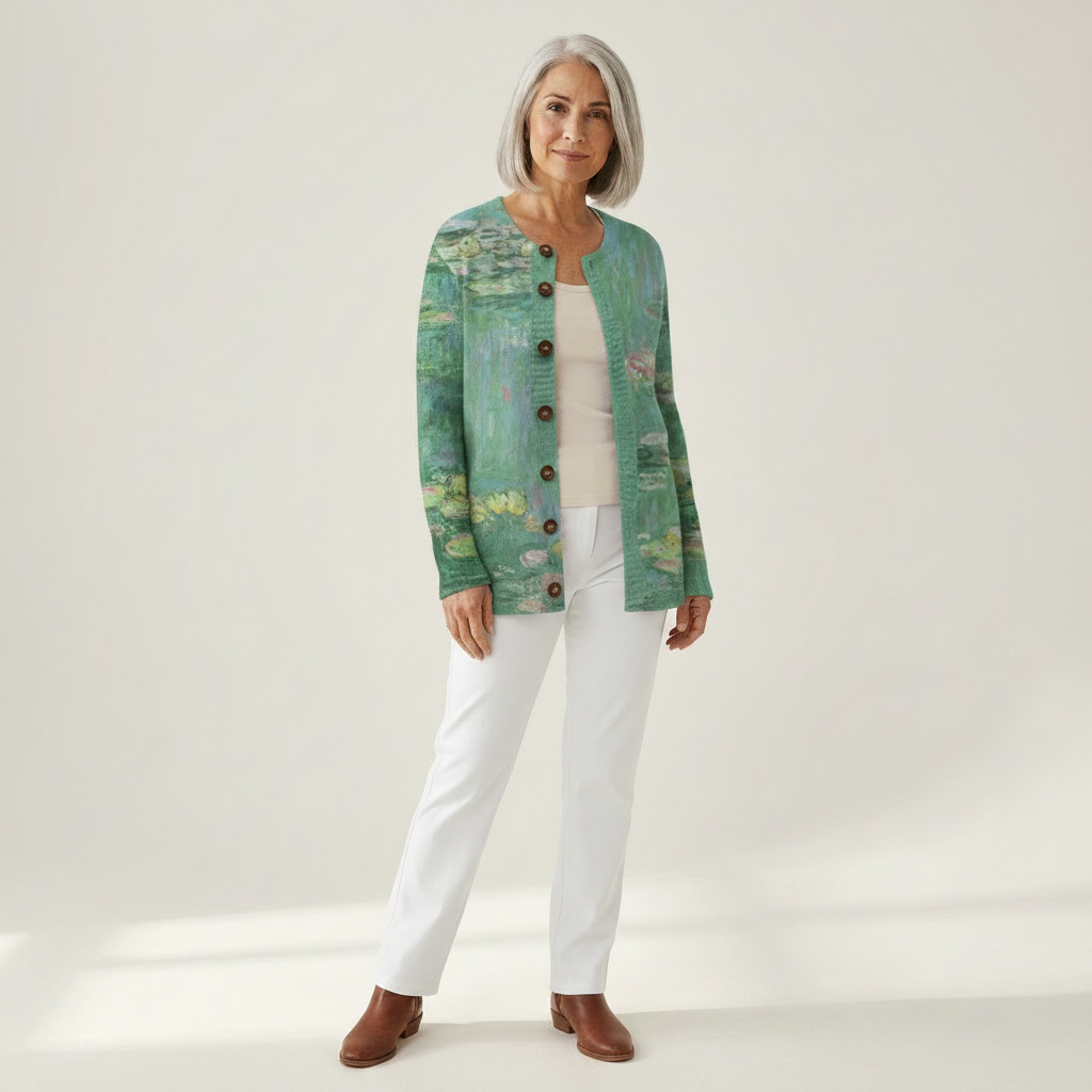 Margaret - Green Water Lily Print Cardigan - View 1