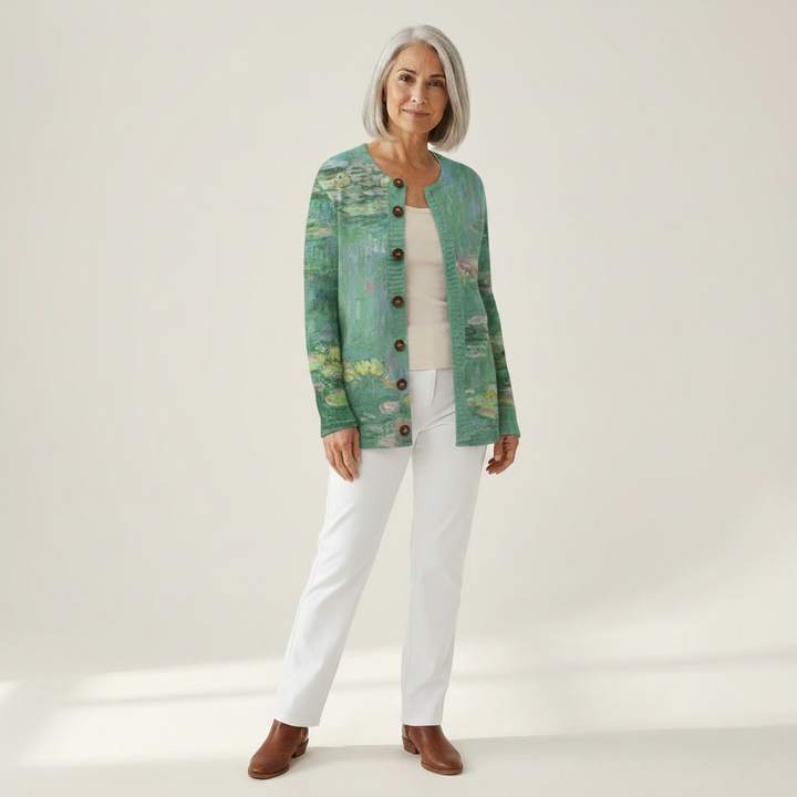 Margaret - Green Water Lily Print Cardigan - View 1