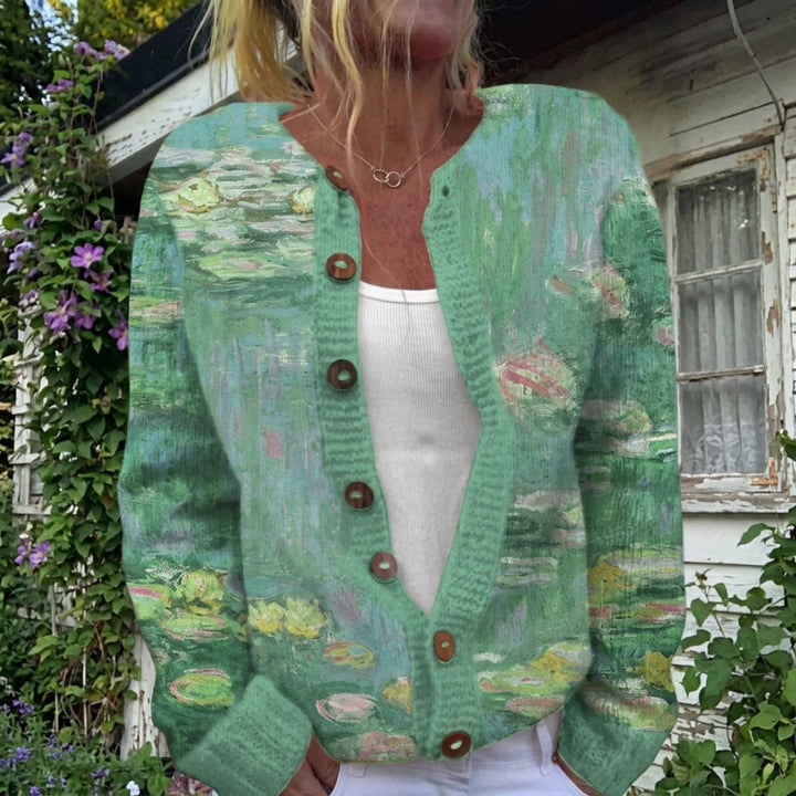 Margaret - Green Water Lily Print Cardigan - Product Photo