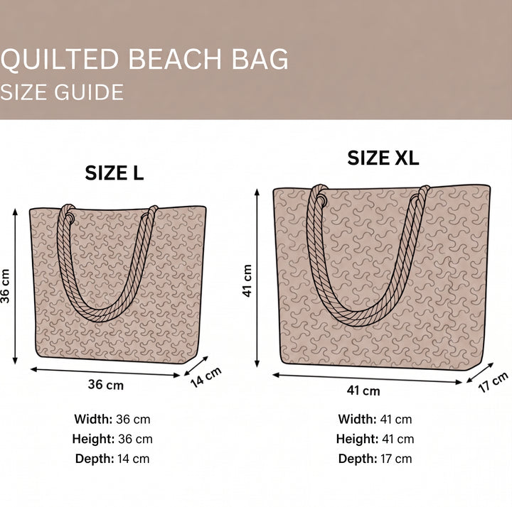 Quilted Beach Bag size guide - L and XL dimensions