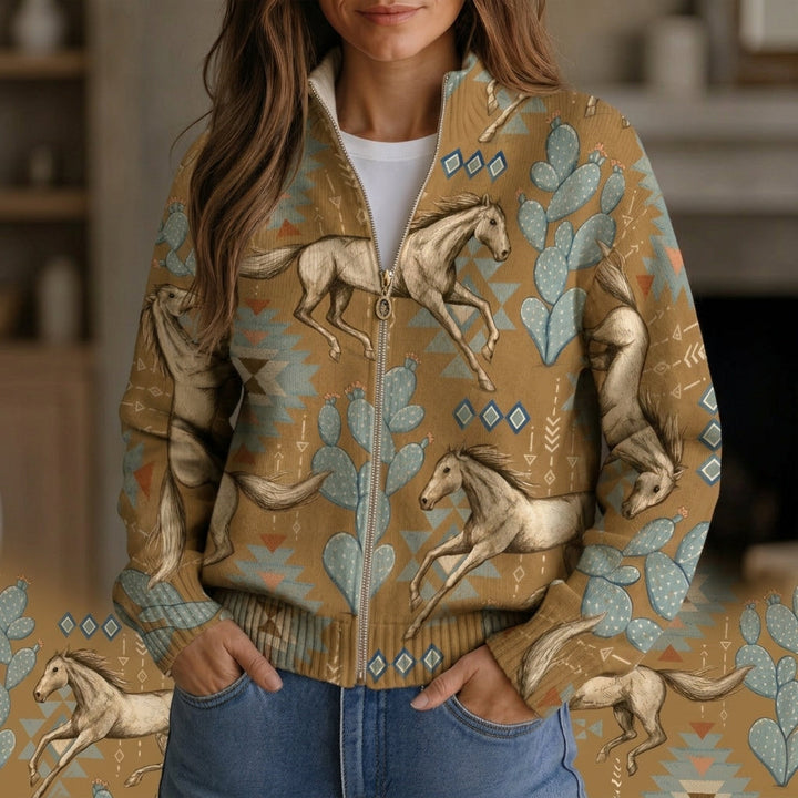 Kaitlyn - Desert Horse and Cactus Zip Cardigan - Product Photo