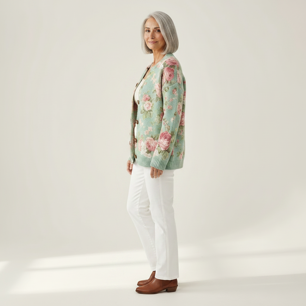 Christa - Sage Green Rose Print Cardigan - View 2