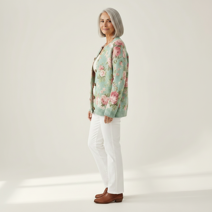 Christa - Sage Green Rose Print Cardigan - View 2