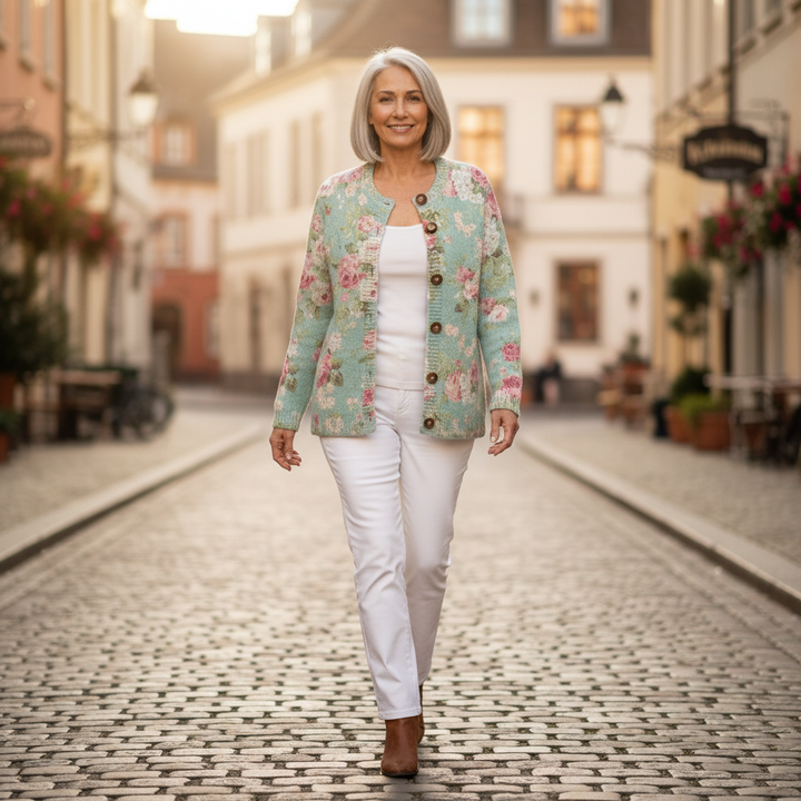Christa - Sage Green Rose Print Cardigan - View 4