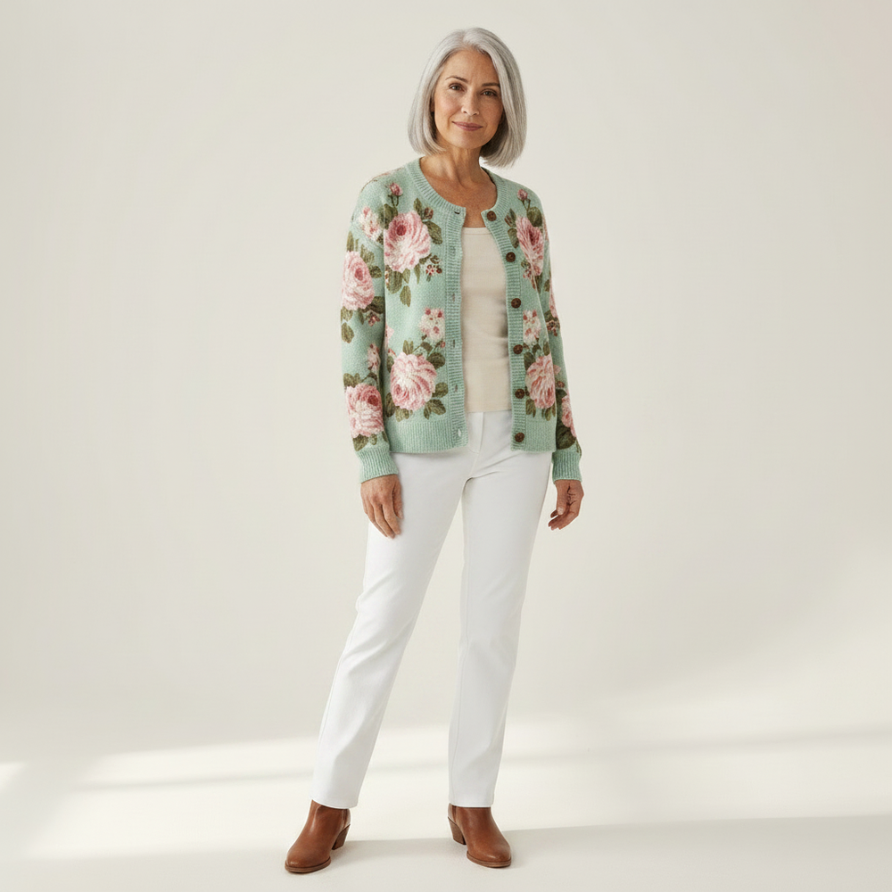 Christa - Sage Green Rose Print Cardigan - View 1