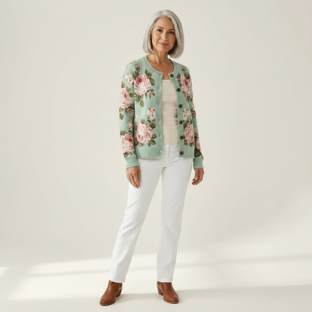 Christa - Sage Green Rose Print Cardigan - View 1