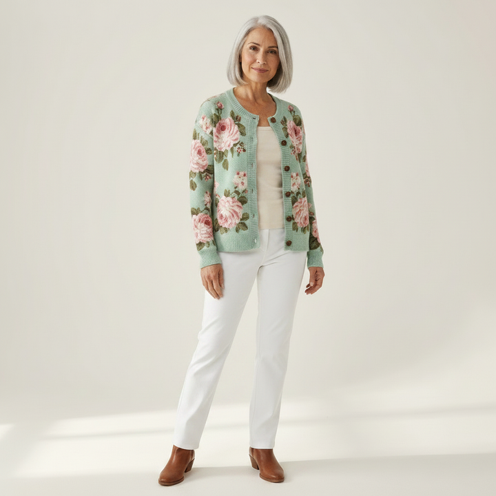 Christa - Sage Green Rose Print Cardigan - View 1