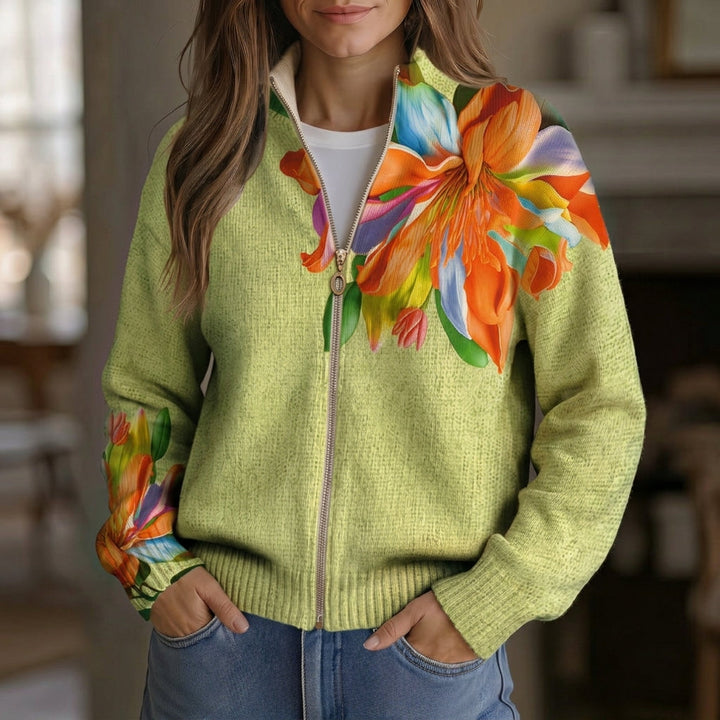 Isabella - Vibrant Tropical Lily Floral Zip Cardigan - Product Photo