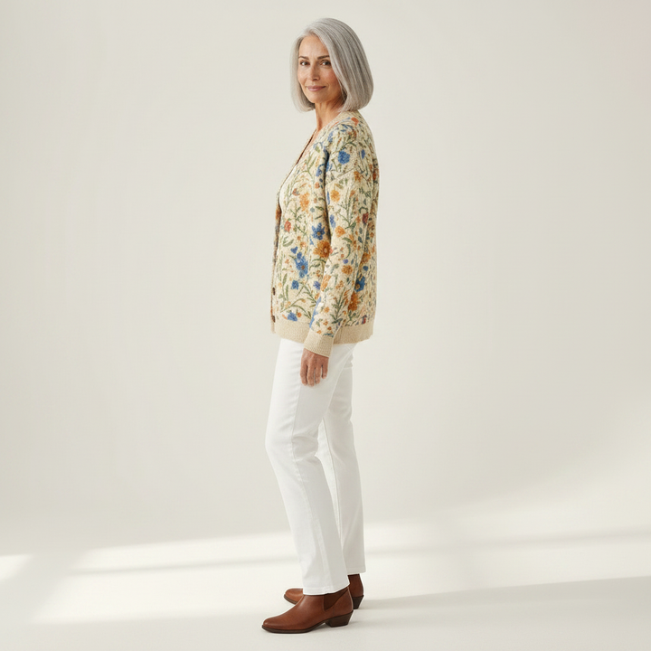 Cordelia - Cream Blossom Print Cardigan - View 2