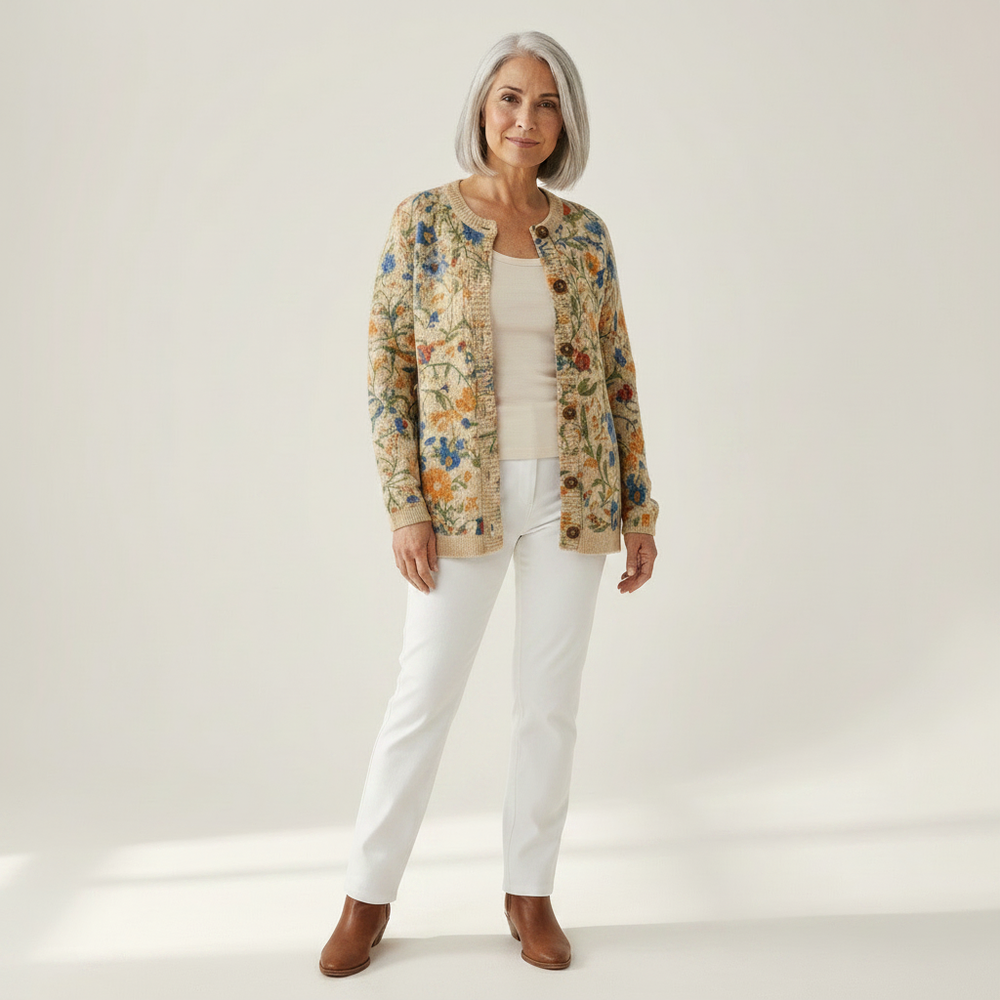 Cordelia - Cream Blossom Print Cardigan - View 1