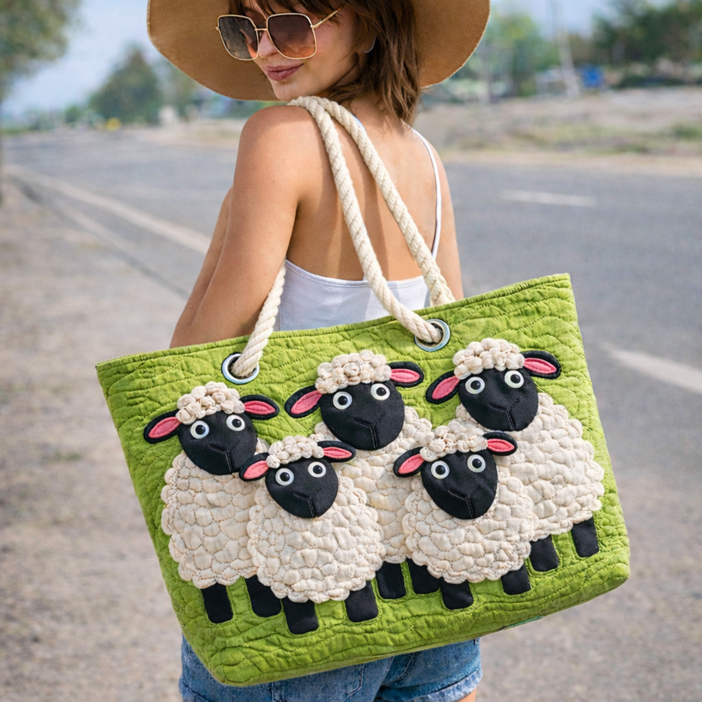 Handmade quilted beach bag - Sheep Sky design