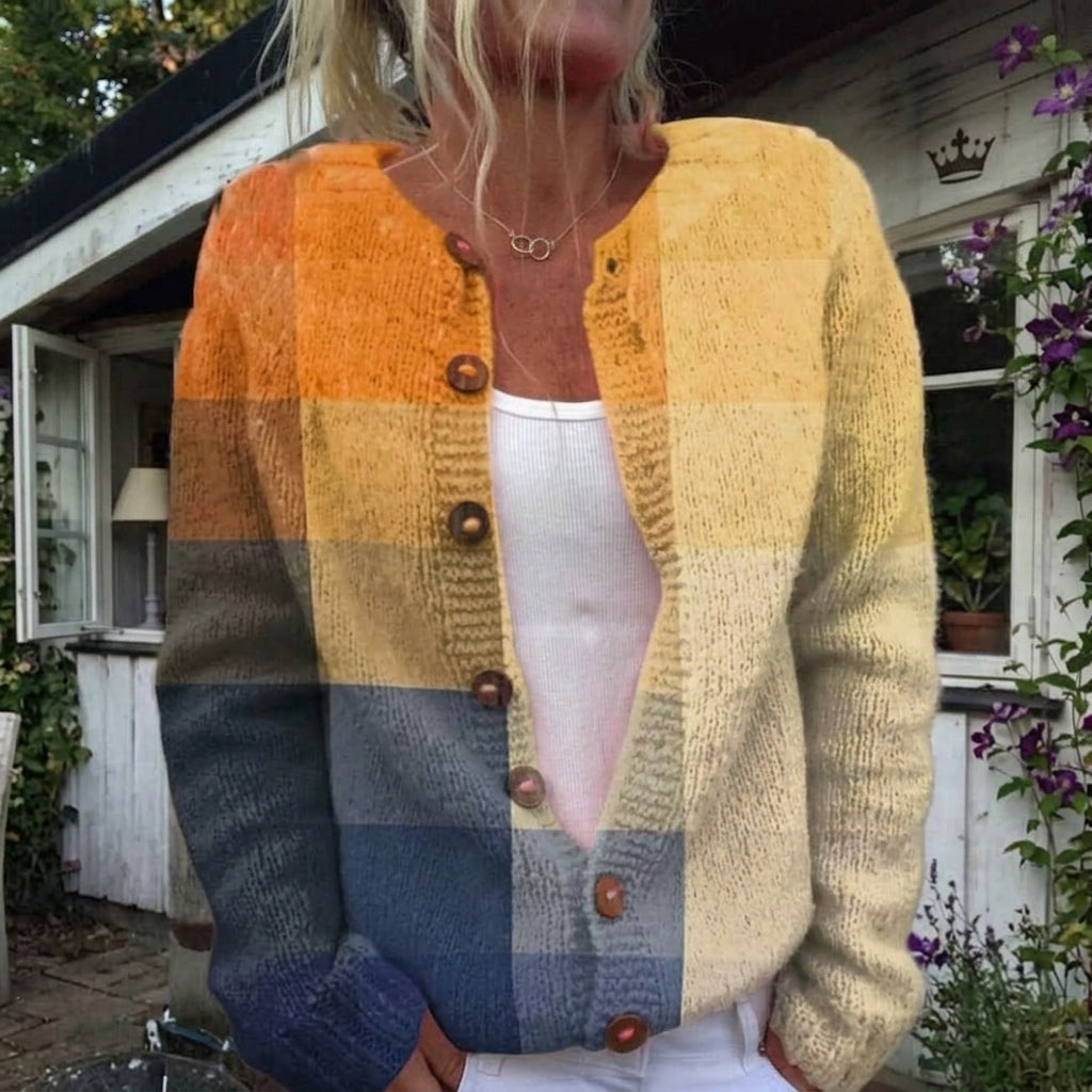 Deirdre - Ochre and Blue Block Print Cardigan - Product Photo