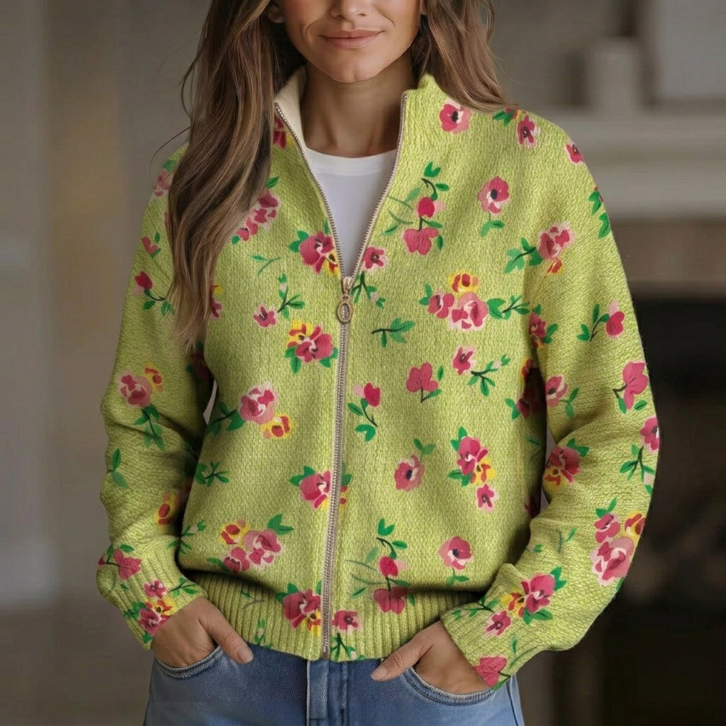 Lauren - Pink Floral Lime Zip Cardigan - Product Photo