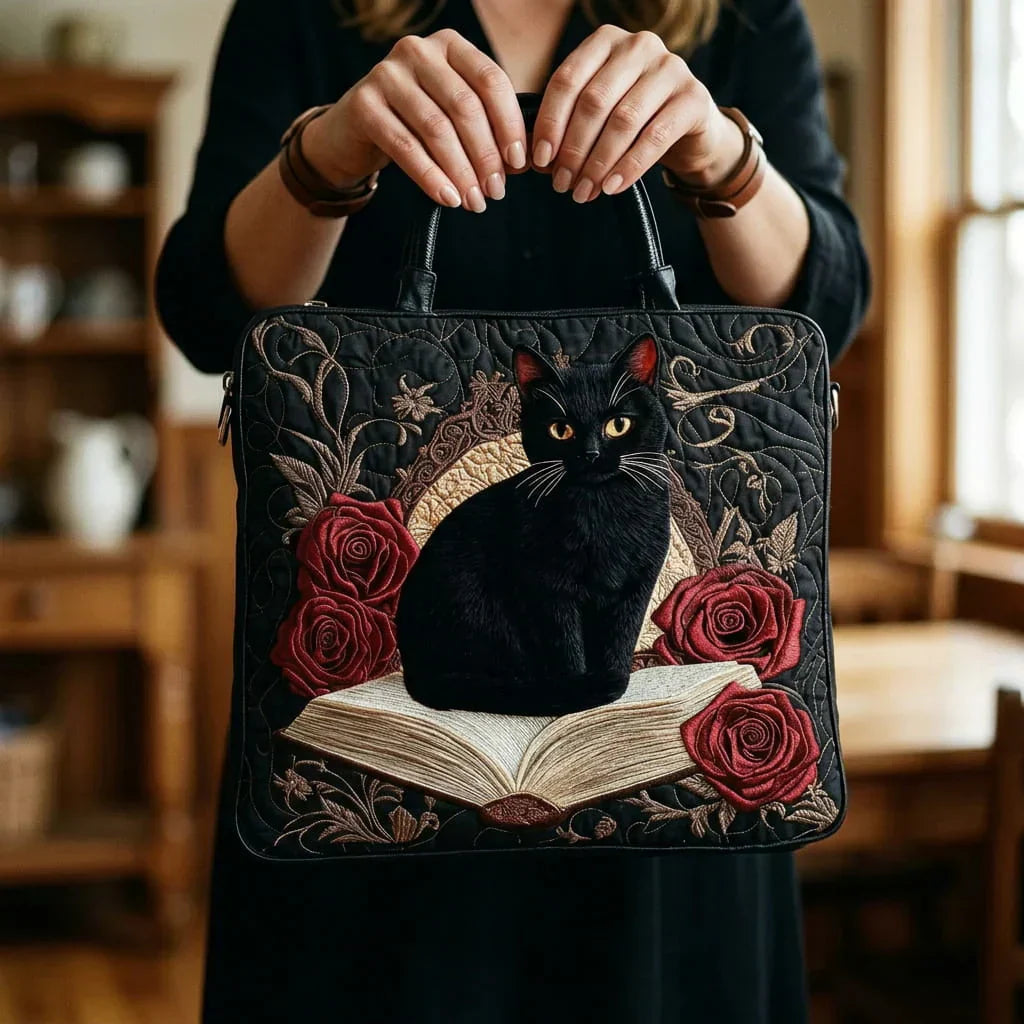 Black Cat on Books Handmade Bag
