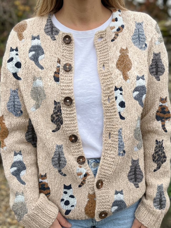 Cosy cat print knitted cardigan - Audrey